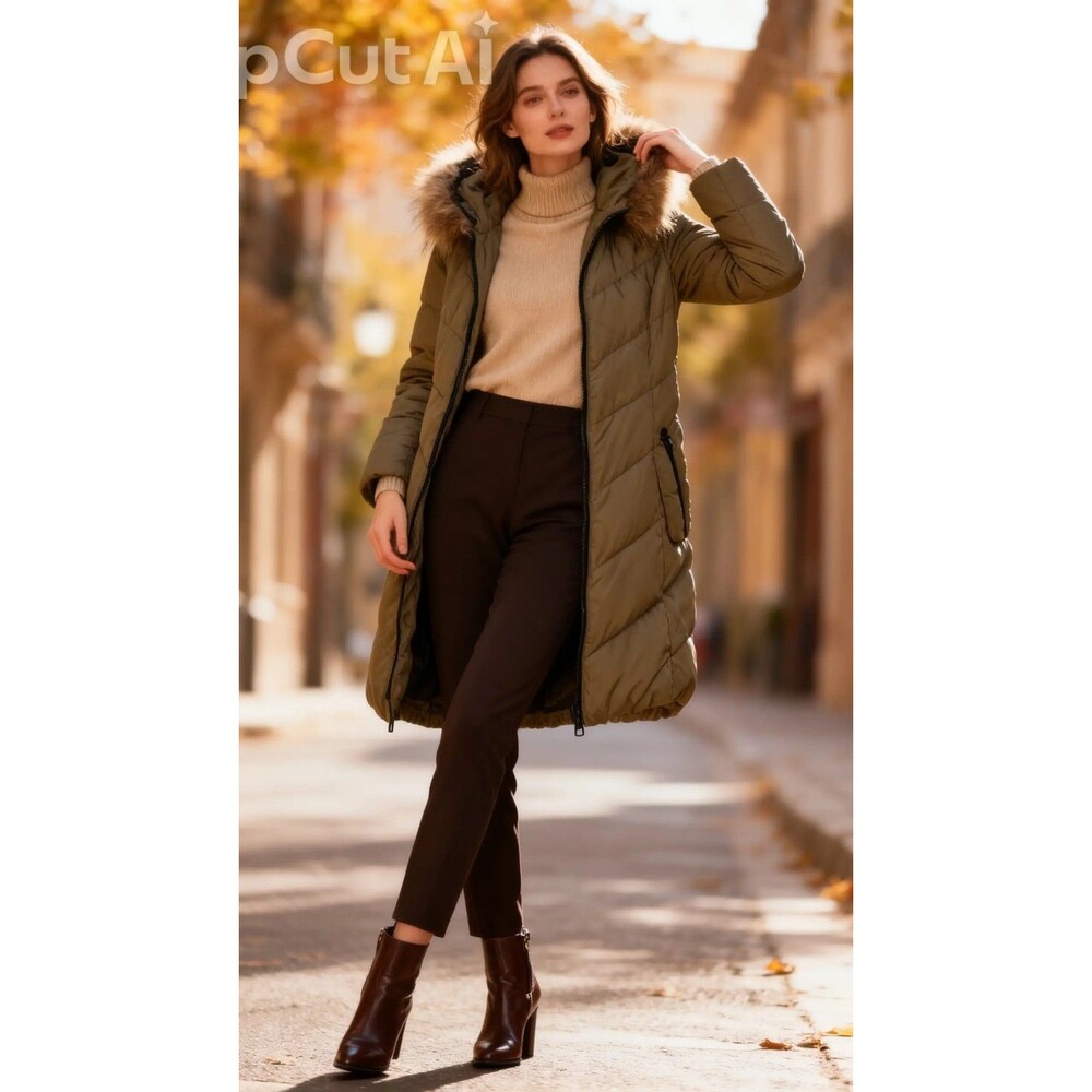 Bosideng 950 Basic Womens Green Long Puffer Coat Faux Fur Hood Full Zip Pockets